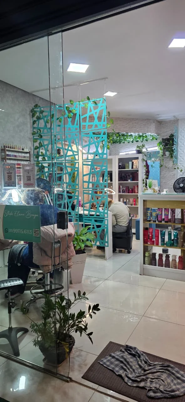 Entrada e interior reais do Studio Elaine Braga, com divisórias Tiffany e plantas